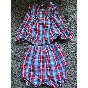 Duck Head VTG Baby Girls 2-Piece Red/White/Blue Plaid Ruffle Top & Bloomer 0-3M
